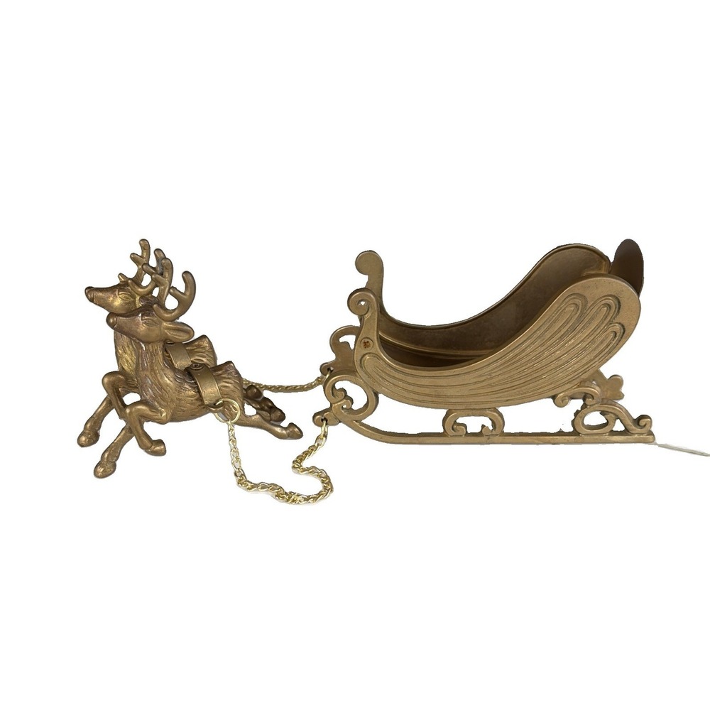 Vintage Brass Sleigh Two Reindeers Christmas Decor (C5)